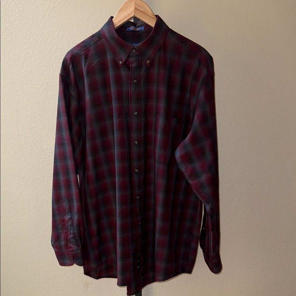 VTG Pendleton 100% Worsted Wool Plaid Button-Down Shirt Burgundy Gray Men’s Sz L